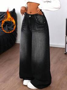 SHEIN ICON 女式褪色简约休闲牛仔裤 - 黑色 - 查看 3