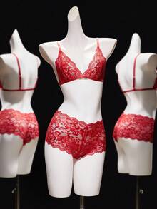 SHEIN 2pcs/Set Lace Wireless Sexy Lingerie Set For Women - Red - View 6