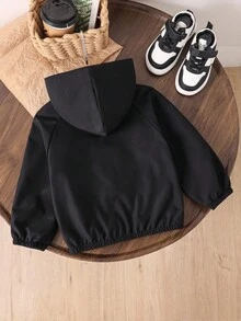 SHEIN Genkimix Kids 1 件年轻男孩休闲简约街头风格连帽长袖夹克，时尚休闲设计，适合夏季穿着，适合 4-7 岁男孩日常穿着，适合运动、户外、返校季节 - 黑色 - 查看 2