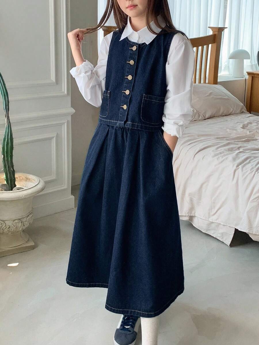 Dazy Kids 2pcs Tween Girls Sleeveless Round Neck Tank Top And Elastic Waist Pleated Skirt Set - Blue - View 1