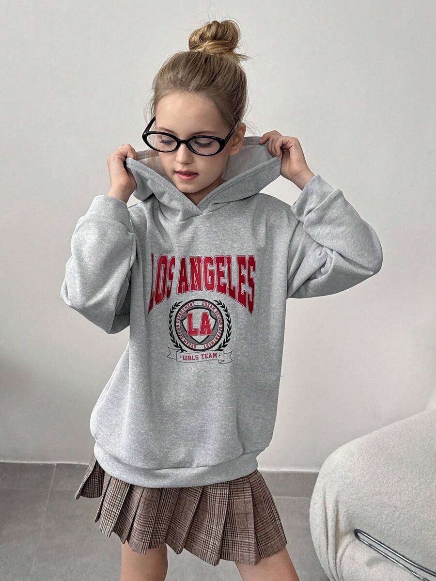 Lässiger, weiter Sweatshirt für Tween Mädchen, Langarm Sweatshirt mit Buchstaben-Grafik, vielseitiger melierter Grau, passend zu Jogginghosen, Jeans, Latzhosen, Jacken - Hellgrau - Übersicht 1