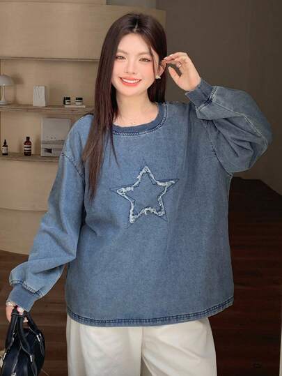 Dazy Plus Distressed Patchwork Star Print Crew Neck Loose Long Sleeve Denim Sweatshirt, Spring/Autumn