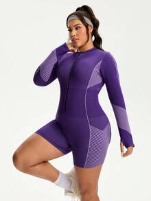 Rhythm Era Mono sin costuras morado talla grande, de manga larga con cremallera, conjunto cómodo para yoga y entrenamiento