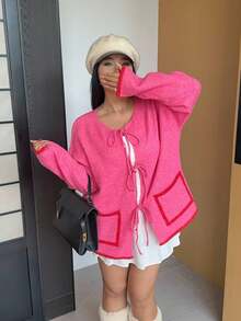 Sunnyshic Damen Große Größen Kontrast Saum Tasche Schleife Vorne Strickjacke, süß & lässig