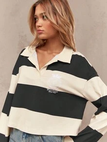 MISSGUIDED Polo rugby de estilo universitario clásico con cuello a rayas, manga larga, corto, informal, para uso diario en otoño e invierno