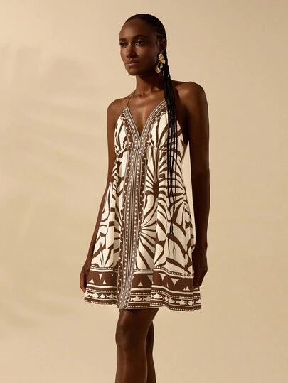 CAJUNI Women's Boho Tropical Black & White Print, Spaghetti Strap V-Neck Backless Short Dress, Casual Beach Dress For Summer Vacation