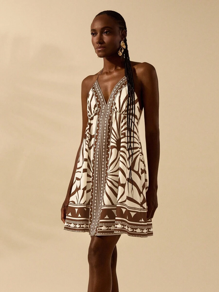 CAJUNI 女式波西米亚热带黑白印花细肩带 V 领露背短裙，夏季度假休闲沙滩裙 - 棕色 - 查看 1