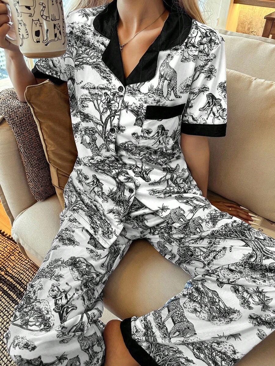 SHEIN 中国风动植物印花撞色拼布翻领短袖睡衣套装真丝睡衣套装女士睡衣套装动物印花睡衣套装女士睡衣 - 黑與白 - 查看 1