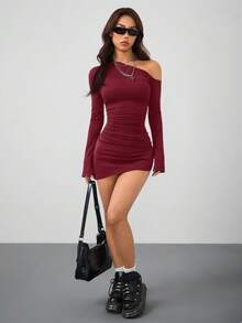 Coolane Women's Spring New Year Eve Date Night Rib Knit Ruched Asymmetrical Neck Slim Fit Skirts,Party Dresses For Women - Burgundy - View 3