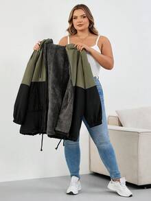 SHEIN CURVE+ Plus Size Women's Contrast Color Hooded Loose Jacket For Autumn And Winter Fall/Autumn /Winter - Multicolor - View 14