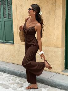 Serisse Women's Vacation Casual Fringe Decor Jumpsuit Summer Brown