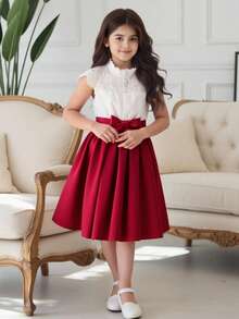 SHEIN 休閒撞色女童連衣裙蕾絲拼接 - 紅白色 - 查看 1