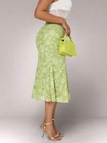 Elenzga Falda verde elegante de mujer con diseño de cola de sirena en jacquard y decoración con lentejuelas, para otoño - Verde - Ver 2