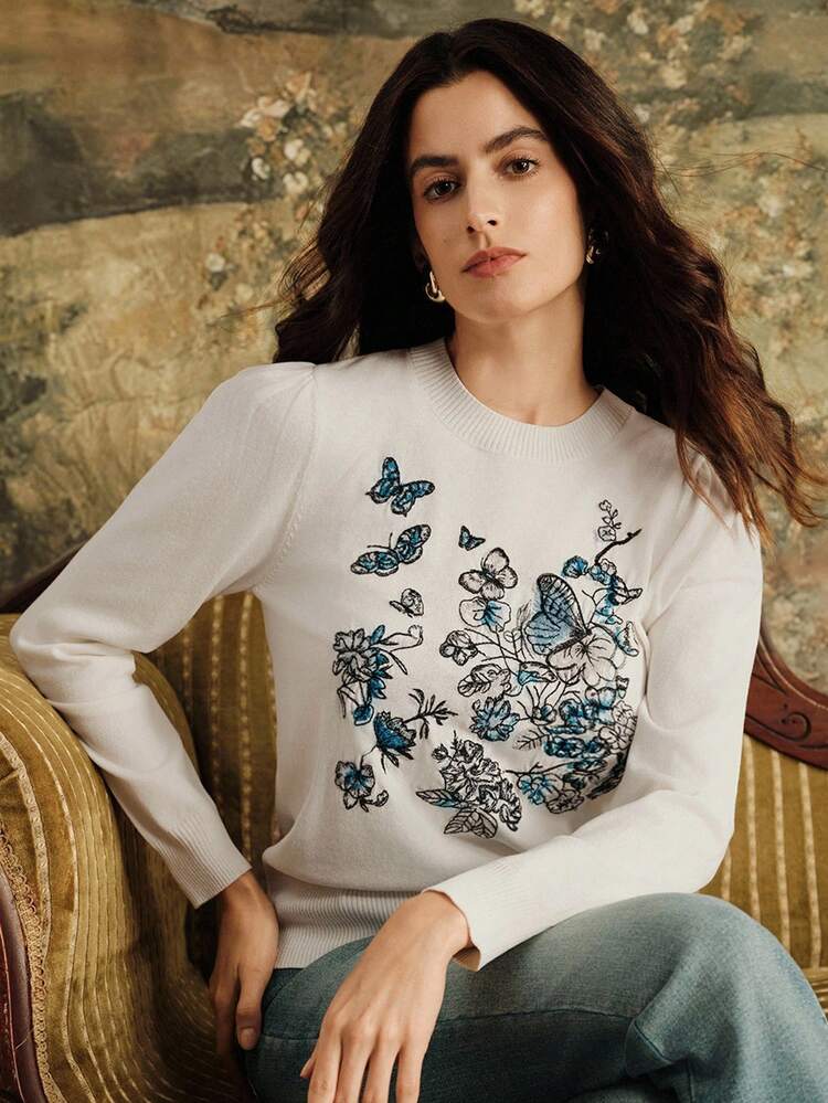 Elegant Floral & Butterfly Embroidered Short Sleeve Knit Top, Suitable For Fall/Winter, Christmas, New Year, Party, Elegant, Luxury, Formal, Chic, Graduation, Women Autumn Winter, Cozy Fall And Winter Clothes For Women