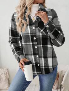 LanaWest Women Button Front Plaid Print Long Sleeve Pocket Casual Jacket, Daily Casual Wear Women Shirt - Grey - View 4