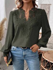 EMERY ROSE Women's Embroidered Collar Decor Lantern Sleeve Long Sleeve Elegant Formal Casual Blouse Fall Cloth For Women - Army Green - View 6