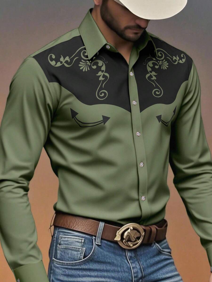 Manfinity RSRT Men's Plant Print Long Sleeve Single-Breasted Western Style Shirt - Army Green - View 1