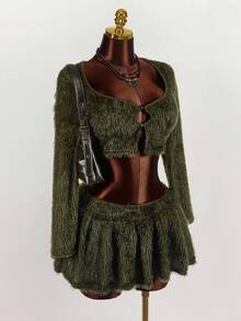 Amplova Plus Size Minimalist Solid Color Fluffy Cardigan And Mini Skirt Set - Army Green - View 7