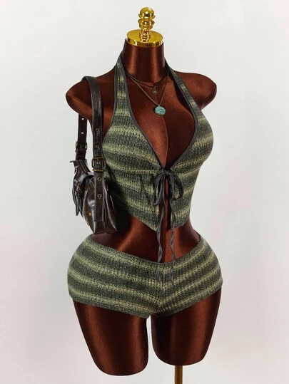  Y2K Amplova Stripe Vintage Wild Green Maillard Knit Cropped Halter Neck Tank Top & Super Mini Shorts 2 Pieces Set, Autumn Knit Two Piece Set