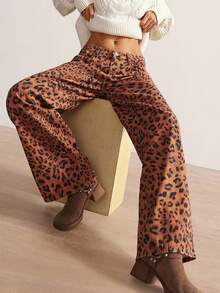 Bohemela Women's Pleated Pocket Leopard Print Wide Leg Loose Casual Jeans,Brown Summer Streetwear Night Out Animal Cheetah Print Pants Clothes - Brown - View 1