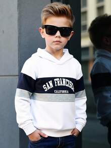 SHEIN 1 pieza Sudadera con capucha informal y cómoda con estampado de letras para niño, diseño de estampado de letras alegre, adecuado para salidas, deportes al aire libre, vuelta al colegio, otoño/invierno