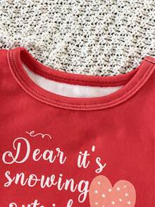 2pcs Baby Girls' Christmas Penguin & Star Heart Print Cozy Casual Crew Neck Long Sleeve Top And Leggings Pajama Set, Autumn/Winter - Red - View 3