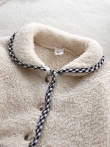 Genkimix Kids Back To School Fashion  Young Girl' Light Apricot Plush Checkered Trim Pocket Long Sleeve Cardigan And Matching Pants Set, Loungewear Girls Winter Set Fall