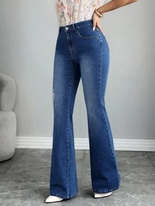 Elenzga Jeans évasés avec broderie florale - Bleu azur - Voir 3