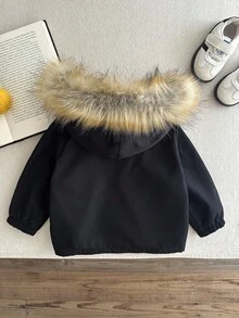 SHEIN Baby Boys Casual Solid Color Thermal Lined Practical Pocket Letter Decor Faux Fur Trim Hooded Long Padded Coat, Suitable For Back To School, Birthday, Baby Shower, Holiday Party, Autumn/Winter Baby Boys Winter Coats Toddler Coats Baby Boy Jackets Baby Boys Fall Winter Clothes Baby Boys Jackets