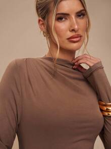 SHEIN BAE Váy đuôi cá dài tay ôm sát vai màu kaki trơn, váy thanh lịch, váy phù dâu, váy sinh nhật, váy nhiều lớp thu đông, váy thường ngày, váy dự tiệc trang trọng, váy ngày lễ, váy thu đông, váy dự tiệc cưới, váy thanh lịch cho nữ, váy nâu, váy Halloween, váy Giáng sinh, váy năm mới - Màu Khaki - Xem 3