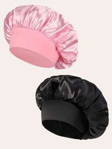 SHEIN 1/2pcs Silk Bonnet For Sleeping, Satin Hair Bonnets, Soft Elastic Band Silk Sleep Cap, Silk Hair Wrap For Curly Hair, Hair Bonnets For Women Sleeping,Silk Hair Wrap,Elastic Wide Band Silk Sleep Cap,Soft And Breathable, Ideal For Overnight Curls Preservation, All-Season Shower Caps, Comfortable For Chemotherapy Patients (Black/Powder)