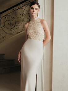 Anewsta Áo hở vai đính hạt cổ yếm dự tiệc thời trang mới dành cho nữ - Màu be - Xem 6