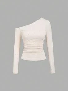 Sweetra Conjunto de 2 peças de camiseta feminina nova, sexy, chique, assimétrica, ombro de fora, bolinhas, strass, slim fit, manga comprida - Multicolorido - Ver 4