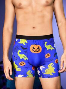 Notgurli Halloween Colorblock Pumpkin Dinosaur Ghost Spider Web Cute Funny High Waist Boxer Briefs, Comfortable Lifting For Men - Blue - View 1