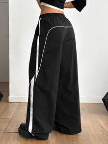 Coolane Quần ống rộng màu đen phối màu đơn giản, phong cách đường phố thu/đông dành cho nữ, lễ hội Y2K cổ điển, trang phục cơ bản hàng ngày - màu đen - Xem 4