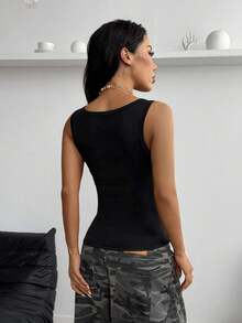 StreetHx Women's Black Versatile Commuter U-Neck Silver English Letter Print Streetwear Slim Fit Camisole Tank Top, Suitable For Spring/Summer