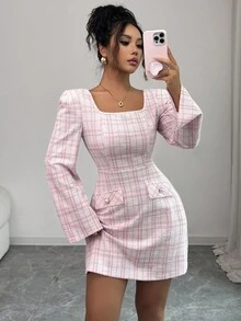 Elenzga New Women's Square Neck Long Sleeve Knit Faux Pocket A-Line Design Dress, Suitable For Spring, Autumn, Winter, Christmas, Everyday, Commute, Party, Young & Fashionable, Elegant - Pink - View 4