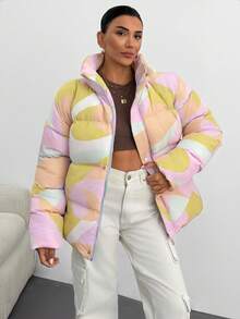 Giacca invernale casual, ampia, con chiusura lampo anteriore e stampa geometrica, manica lunga, da donna