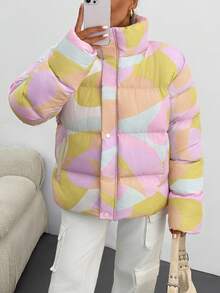 Giacca invernale casual, ampia, con chiusura lampo anteriore e stampa geometrica, manica lunga, da donna