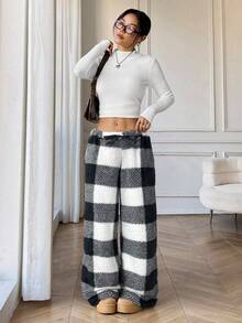 SHEIN EZwear Women's Casual Front Tie Black & White Plaid Pants, Autumn/Winter,Fall Black And White Pants Knit Pants Checkered Pants Gingham Pants