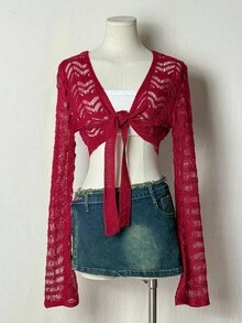 EgrlEra 女士纯色简约日常镂空长袖开衫 - 紅色 - 查看 3