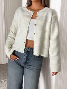 SHEIN Tall Tall Women Autumn Winter Casual & Elegant Solid Button Textured Cardigan,Cardigans,Long Cardigans Woman,Petite - Apricot - View 6
