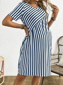 Boho Mama Maternity Women's Round Neck Short Sleeve Striped Dress