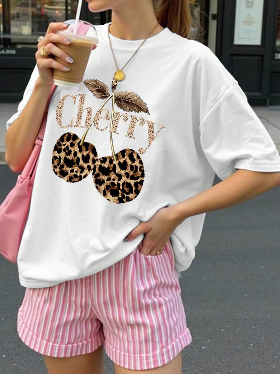 Veykashi 加大码豹纹和樱桃图案圆领短袖宽松T恤，加大码，略显透明，夏季