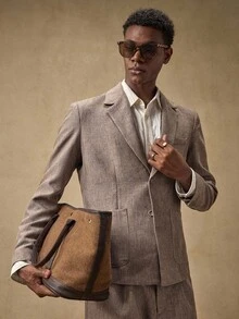 AKNOTIC Business Casual 2 件男士休闲宽松梭织西装外套和直筒裤套装 - 卡其色 - 查看 3