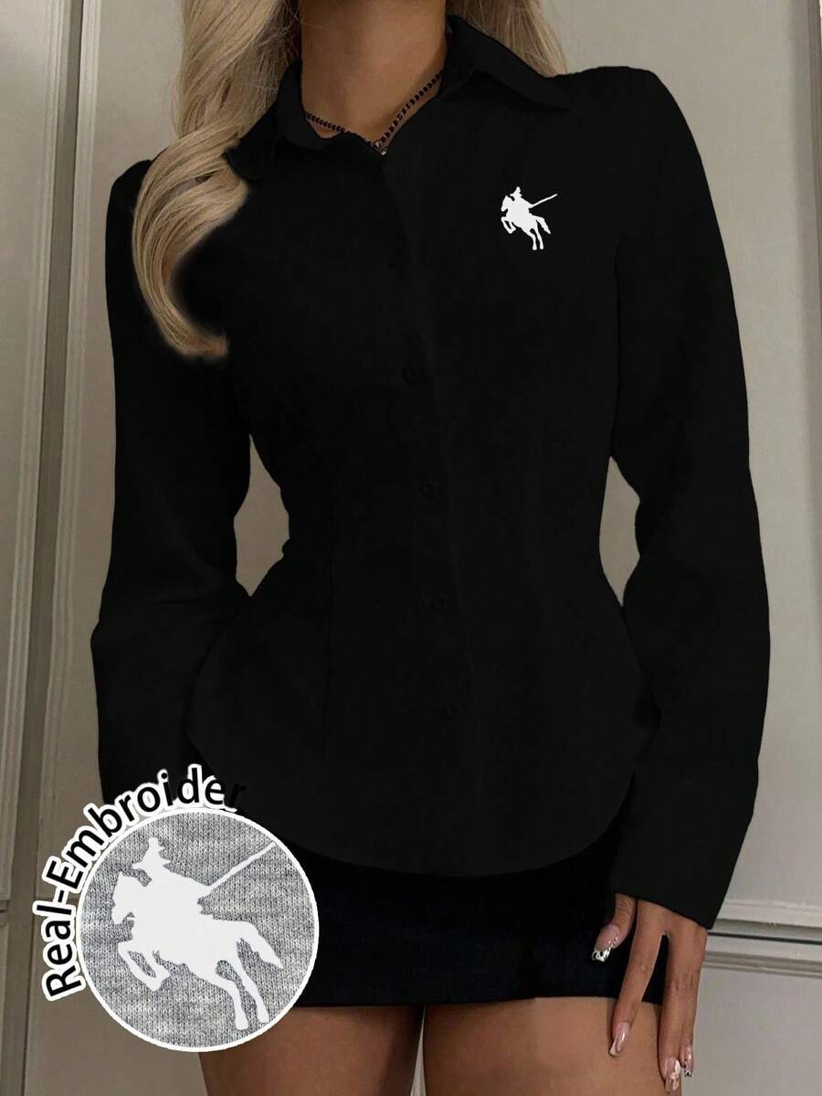 SHEIN EZwear 黑色马图案女士休闲腰部收紧长袖纽扣衬衫,适合秋冬季 - 黑色 - 查看 1