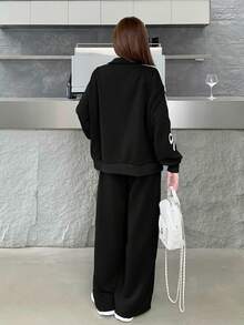 Tween Girl Knit Solid Color Contrast Tape Cardigan & Wide Leg Pants Casual Suit - Black - View 3