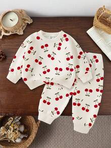 SHEIN Vintaside Kids 2 piezas Conjunto de sudadera y pantalón de chándal con estampado de cerezas lindo y dulce para niñas bebés, otoño/invierno