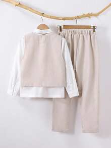 3 件套青少年男孩优雅韩版修身正式西装，适合婚礼、派对。时尚高端杏色背心 + 杏色直筒裤 + 可拆卸领带 3 件套 - 杏色 - 查看 2