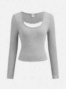 SHEIN Girlism Teen Girls 2 In 1 Button & Lace Trim Long Sleeve T-Shirt, Light Grey, Autumn Fall Winter - Light Grey - View 1